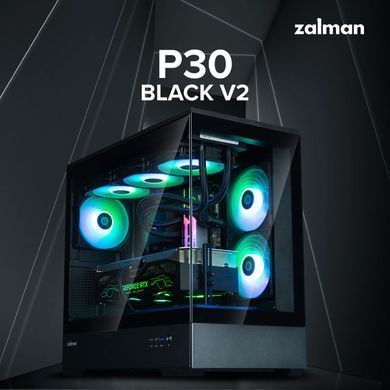 Zalman Корпус P30 Black V2, без БЖ, 1xUSB3.0, 1хUSB Type-C, 3x120мм ARGB, TG Front/Side Panel, mATX, чорний P30BLACKV2 фото