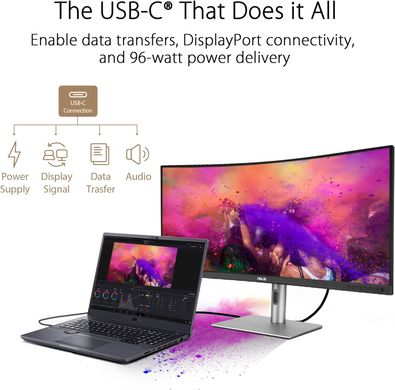 ASUS Монітор 34.1" ProArt PA34VCNV 2xHDMI, 2xDP, USB-C, 2xUSB, RJ45, MM, IPS, 3440x1440, 21:9, sRGB 100%, CURVED, AdaptiveSync, HAS, HDR10 90LM04A0-B02370 фото