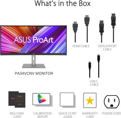 ASUS Монитор 34.1" ProArt PA34VCNV 2xHDMI, 2xDP, USB-C, 2xUSB, RJ45, MM, IPS, 3440x1440, 21:9, sRGB 100%, CURVED, AdaptiveSync, HAS, HDR10 90LM04A0-B02370 фото