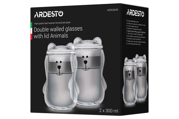 Набір чашок с кришкою Ardesto Animals з подвійними стінками, 300 мл, 2 од., боросилікатне скло AR2630AB фото
