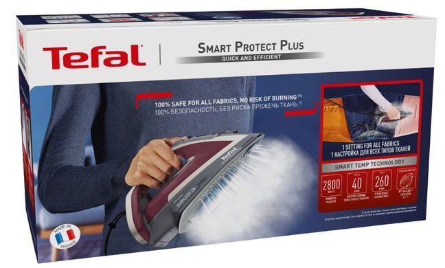 Утюг Tefal Smart Protect Plus, 2800Вт, 270мл, паровой удар -260гр, постоянный пар - 40гр, керам. подошва, серо-бордовый FV6870E0 фото