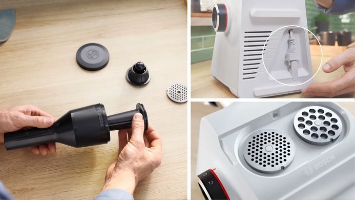 Bosch Мясорубка, 2100Вт, 3.5кг/мин, 2 решетки, насадка для колбас, кеббе, пластик, белый MFWS607W фото