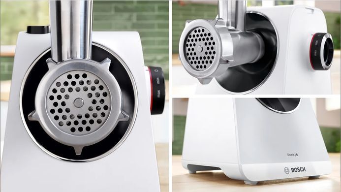 Bosch Мясорубка, 2100Вт, 3.5кг/мин, 2 решетки, насадка для колбас, кеббе, пластик, белый MFWS607W фото
