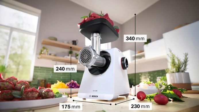 Bosch Мясорубка, 2100Вт, 3.5кг/мин, 2 решетки, насадка для колбас, кеббе, пластик, белый MFWS607W фото
