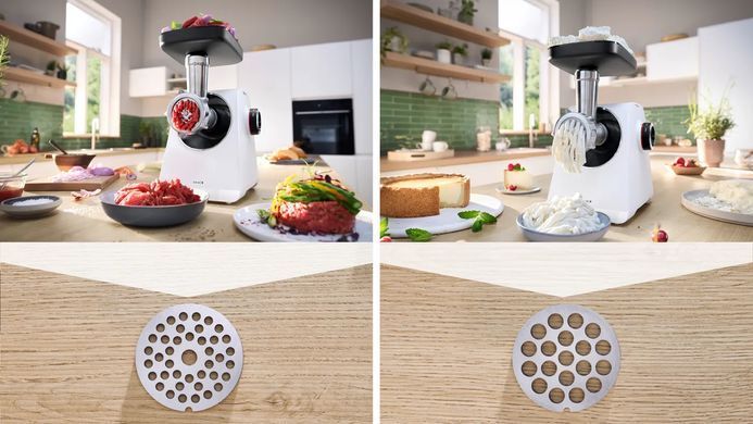Bosch Мясорубка, 2100Вт, 3.5кг/мин, 2 решетки, насадка для колбас, кеббе, пластик, белый MFWS607W фото