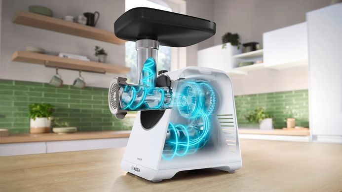 Bosch Мясорубка, 2100Вт, 3.5кг/мин, 2 решетки, насадка для колбас, кеббе, пластик, белый MFWS607W фото