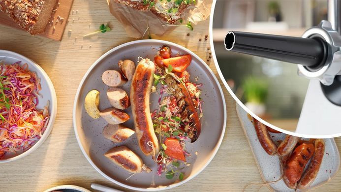 Bosch Мясорубка, 2100Вт, 3.5кг/мин, 2 решетки, насадка для колбас, кеббе, пластик, белый MFWS607W фото