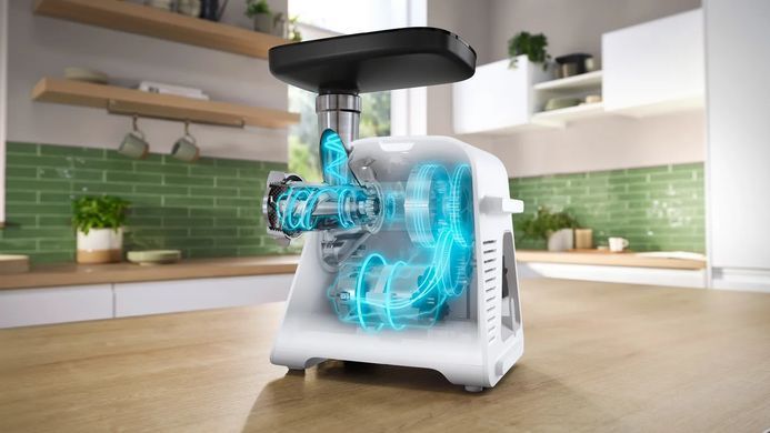 Bosch Мясорубка, 2100Вт, 3.5кг/мин, 2 решетки, насадка для колбас, кеббе, пластик, белый MFWS607W фото