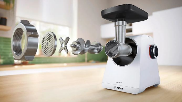 Bosch Мясорубка, 2100Вт, 3.5кг/мин, 2 решетки, насадка для колбас, кеббе, пластик, белый MFWS607W фото
