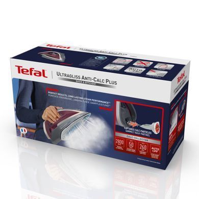 Праска Tefal Ultragliss Plus, 2800Вт, 270мл, паровий удар -260гр, постійна пара - 50гр, керам. підошва, бордово-сірий FV6840E0 фото