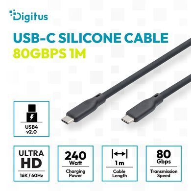 Digitus Кабель DIGITUS USB-C > USB-C заряджання/синхронізації, USB4 2.0, 80G, 240W, 16K, силіконовий, 1м, чорний AK-300350-010-S фото