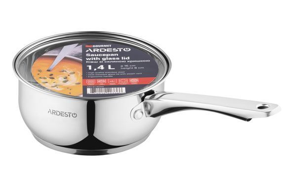 Ківш Ardesto Gemini Gourmet Spoleto, скляна кришка, 1.4 л, нержавіюча сталь AR1914GSS фото