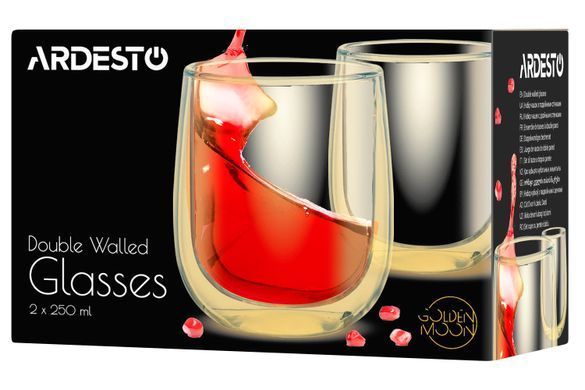 ARDESTO Набор чашек Golden Moon с двойными стенками, 250 мл, H 9,5 см, 2 шт, боросиликатное стекло AR2625GG фото
