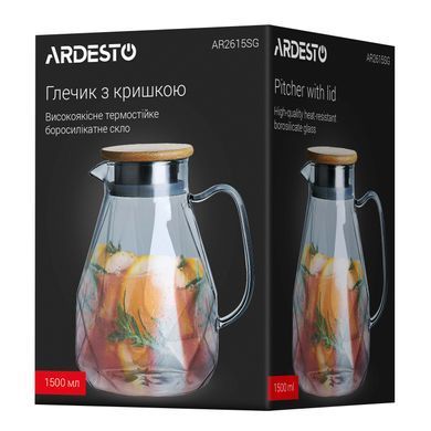 ARDESTO Кувшин с крышкой Graphite, 1500мл, боросиликатное стекло, бамбук, нержавеющая сталь, серый AR2615SG фото