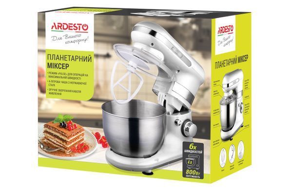 ARDESTO Миксер планетарный 800Вт, насадки-3, чаша-нерж., металл, 4л, Pulse-режим, белый KSTM-8040 фото