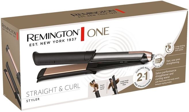 Remington Випрямляч 2в1 ONE STRAIGHT & CURL, 2в1 випрямляч та плойка, темп.режимов-5, 150-230С, кейс та рукавичка в комплекті, кераміка, чорний S6077 фото