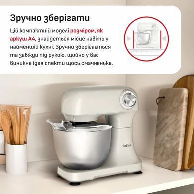Tefal Tefal planetary mixer Bake Easy 500W, nozzles-3 beaters, bowl-stainless steel, 3.5L, white QB140AF0 фото