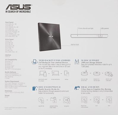 ASUS Привод ZenDrive SDRW-08U7M-U DVD+-R/RW USB 2.0 90DD01X0-M29000 фото