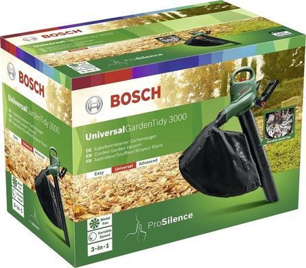 Bosch Повітродув-пилосос садовий Universal GardenTidy 3000 3000Вт 285км/год 576куб/год мішок 50л 3.4кг 0.600.8B1.001 фото