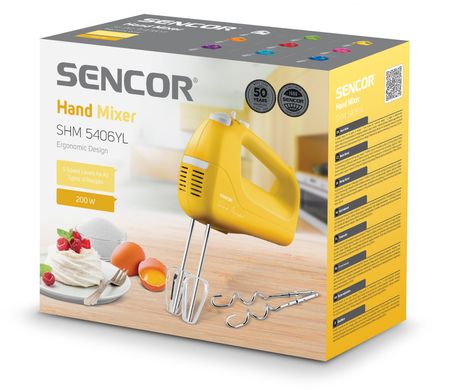 Sencor Міксер ручний, 200Вт, насадки -2, турборежим, 5 швидкостей, жовтий SHM5406YL фото