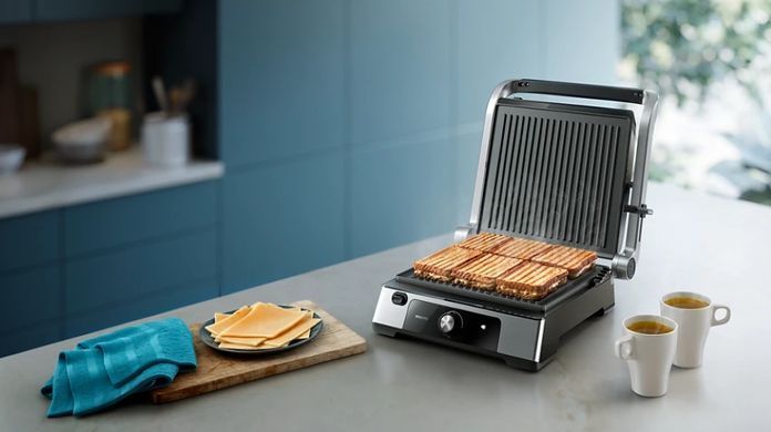 Philips Гриль прижимний Series 5000, 2200Вт, з'ємні пластини, розкриття на 180&deg;, метал HD6301/90 фото