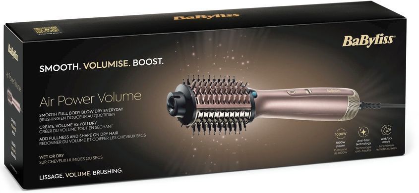 BaByliss Фен-щетка Air Power Volume, 1000Вт, режимов-2, дифузор, иониз-я, хол. обдув, розовый AS95E фото