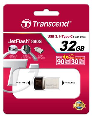 Накопичувач Transcend 32GB USB 3.1 Type-A + Type-C 890 R90/W30MB/s Metal Silver TS32GJF890S фото