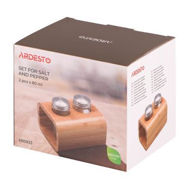 ARDESTO Набор для соли и перца Midori, 3 предмета, 80мл, 13.5х11х11см, бамбук, нержавеющая сталь, стекло, пластик AR0933 фото