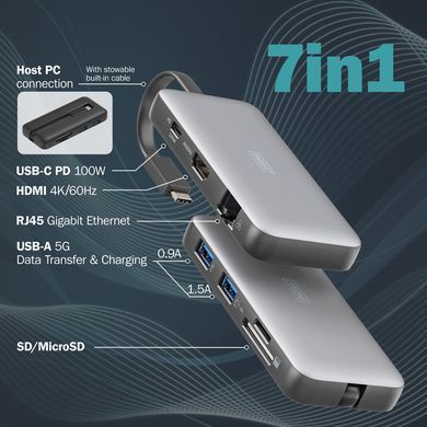 Digitus Док-станція USB-C > HDMI/2xUSB-A/USB-C/SD/MicroSD/RJ54, Travel DA-70916 фото