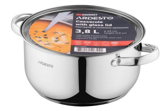 Кастрюля Ardesto Gemini Gourmet Aosta, стеклянная крышка, 3.9 л, нержавеющая сталь AR1939BC фото