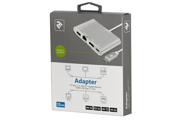 Адаптер 2E Type C toUSB 3.0+Gigabit Ethernet+HDMI+USB Type C, 0.15m, silver - купити в інтернет-магазині Coolbaba Toys