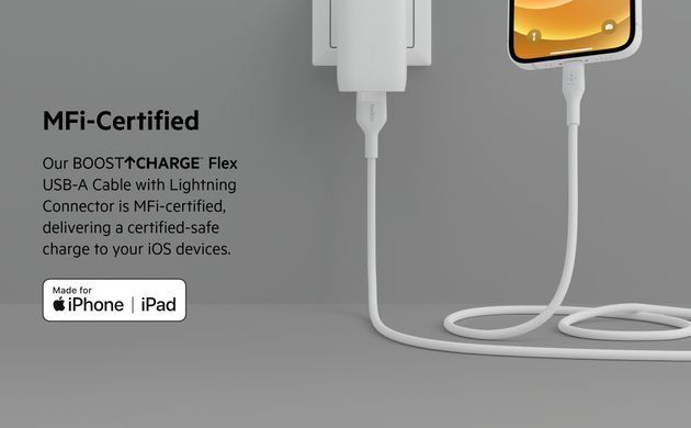 Belkin Кабель USB-A - Lightning силиконовый, с клипсой, 1м, белый CAA008BT1MWH фото