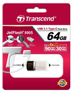 Накопитель Transcend 64GB USB 3.1 Type-A + Type-C 890 R90/W30MB/s TS64GJF890S фото