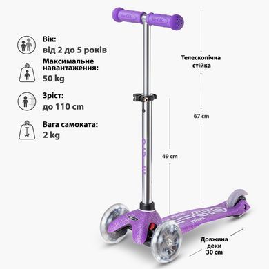 Самокат MICRO серії "Mini Deluxe Fairy Glitter LED" &ndash; ПУРПУРОВИЙ (до 50 kg, 3-х колісний, світло) MMD207 фото
