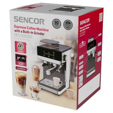 Sencor Кавоварка Sencor ріжкова 1.8л, зерно+мелена, вдубована кавомолка, дисплей, нерж. сталь-чорний SES5000SS фото