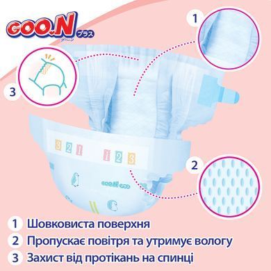 Підгузки GOO.N Plus для дітей 4-8 кг (розмір S, на липучках, унісекс, 62 шт) 21001496 фото