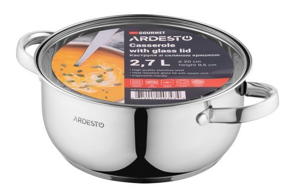 Кастрюля Ardesto Gemini Gourmet Aosta, стеклянная крышка, 2.7 л, нержавеющая сталь AR1926BC фото