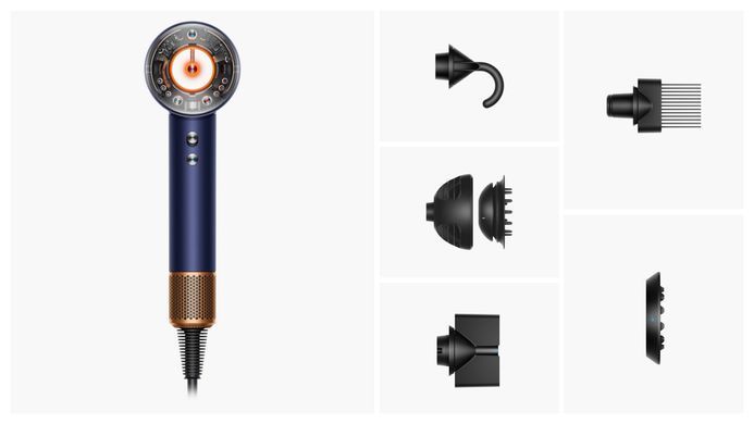 Dyson Фен Dyson HD16 Supersonic Nural Prussian Blue/Rich Copper, 1600Вт, 3 режими, 5 насадок, іонізація, хол. обдув, синій 122701-01 фото