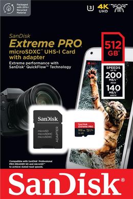 Карта пам'яті SanDisk microSD 512GB C10 UHS-I U3 R200/W140MB/s Extreme Pro V30 + SD SDSQXCD-512G-GN6MA фото