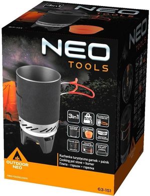 Набор посуды туристической Neo Tools, 3в1, кастрюля, тарелка, горелка, пьезорозжиг, сертификат LFGB, чехол, 0.51кг 63-151 фото