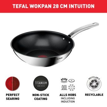 Сковорода Tefal Intuition ВОК, 28см, покриття Titanium, індукція, Thermo-Spot, нерж.сталь B8171944 фото