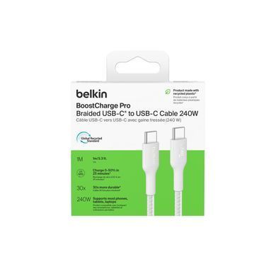 Belkin Кабель USB-C > USB-C заряджання/синхронізації 1м, 240Вт, Type-C, плетений, білий CAB025HQ1MWH фото