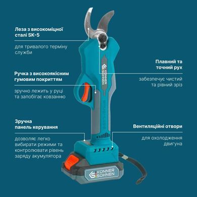 K&ouml;nner & S&ouml;hnen Секатор акумуляторний Konner&Sohnen KS CPS20V-32 CASE 20В акб 1х2А&middot;год d 15/25/35мм ЗП кейс 0.82кг KSCPS20V-32CASE фото