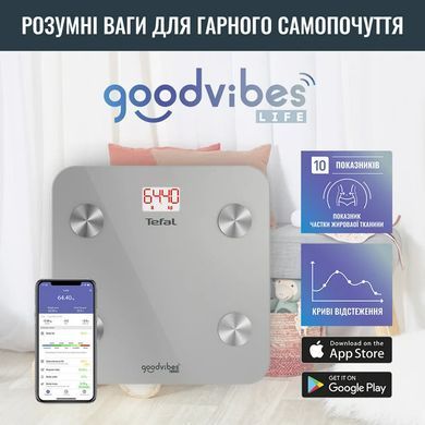 Tefal Ваги підлогові Goodvibes Life, 160кг, Bluetooth, AAAx3 в комплекті, скло, сірий BM9600S1 фото