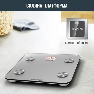 Tefal Ваги підлогові Goodvibes Life, 160кг, Bluetooth, AAAx3 в комплекті, скло, сірий BM9600S1 фото