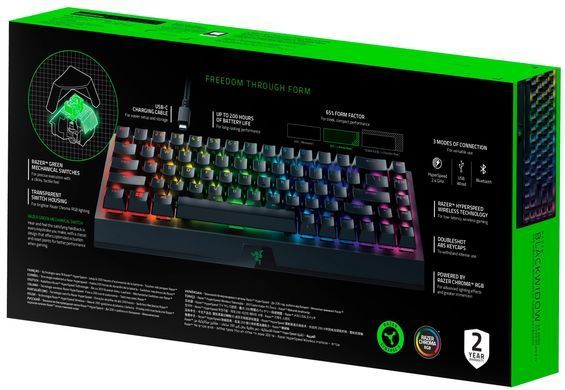 Razer Клавиатура игровая BlackWidow V3 Mini HyperSpeed Green Switch WL/BT/USB RU RGB, Black RZ03-03891600-R3R1 фото