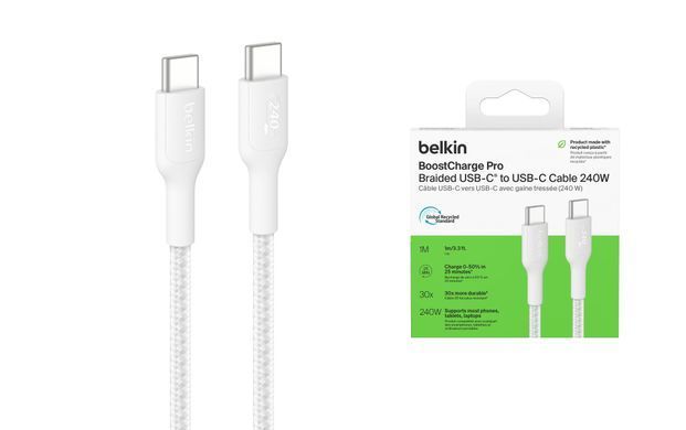 Belkin Кабель USB-C > USB-C заряджання/синхронізації 1м, 240Вт, Type-C, плетений, білий CAB025HQ1MWH фото