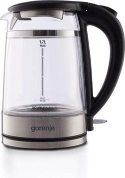 Gorenje Електрочайник 1.7л, 2,200 Вт, strix контроль, скло, чорний K17GDW фото