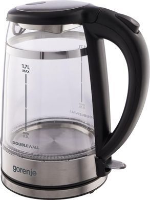 Gorenje Електрочайник 1.7л, 2,200 Вт, strix контроль, скло, чорний K17GDW фото