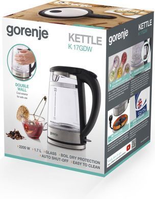 Gorenje Електрочайник 1.7л, 2,200 Вт, strix контроль, скло, чорний K17GDW фото